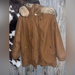 Saks Fifth Avenue brown puffer midloft fur hood coat size medium has flaws!